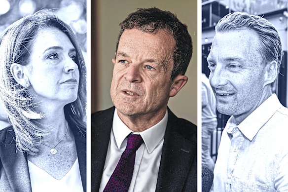 NSW Liberal politicians Kellie Sloane (left) and James Griffin (right) are likely to be contenders if Mark Speakman (centre) loses the leadership. 