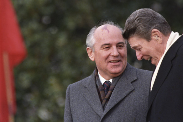 US president Ronald Reagan, right,  with Soviet leader Mikhail Gorbachev at the White House in 1987.