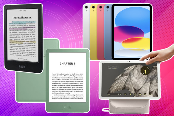 From left; Kobo Clara Colour; Amazon Kindle; Apple iPad; Google Pixel Tablet.