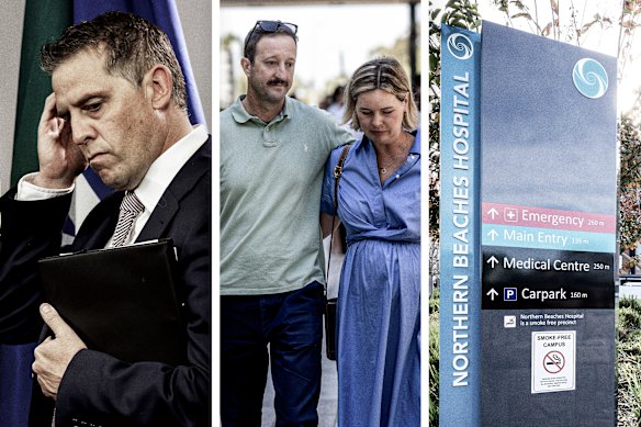Health Minister Ryan Park (left) and the Massa Family whose son, Joe, died at the troubled Northern Beaches Hospital in 2024.