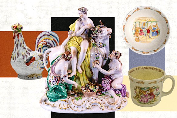A Meissen chicken ornament; Europa and the Bull; Royal Doulton’s Bunnykins ceramics.
