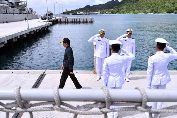 Indonesia's President Joko Widodo, left, on a military base in the Natuna waters in January.