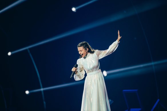 Greece’s Amanda Georgiadi Tenfjord at the Eurovision Song Contest in Turin.