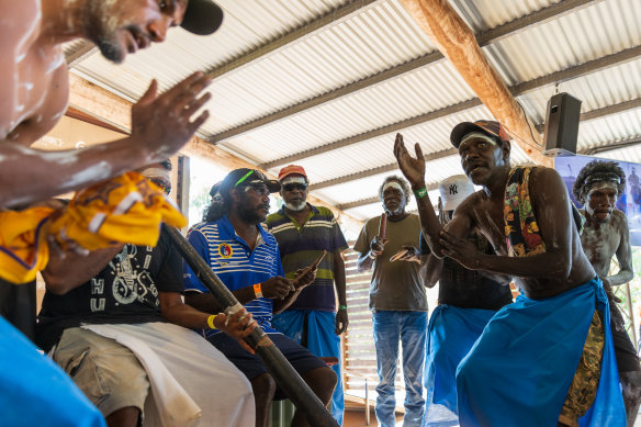 The Manggalili community performs during the opening ceremony of the Garma Festival on Saturday.