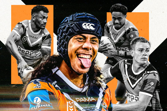 Wests Tigers’ players Api Koroisau, Jarome Luai, Jahream Bula and Lachie Galvin