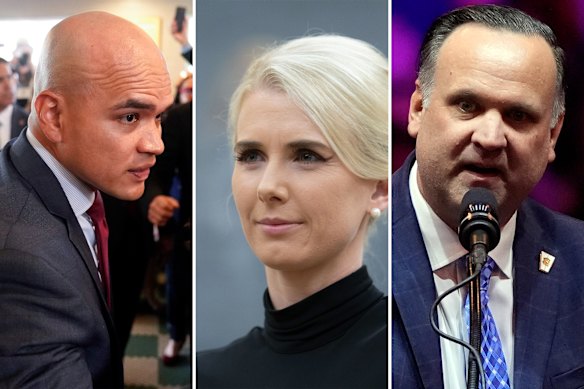 Trump aides, from left to right, Walt Nauta, director of Oval Office operations; Natalie Harp, the president’s executive assistant; and Dan Scavino, White House deputy chief of staff.