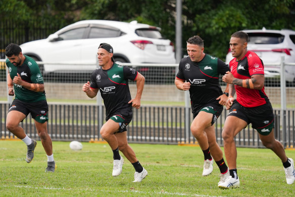 Englishman Sam Burgess (second from right) and fellow assistant John Morris (second from left) remain two of the fittest at South Sydney.