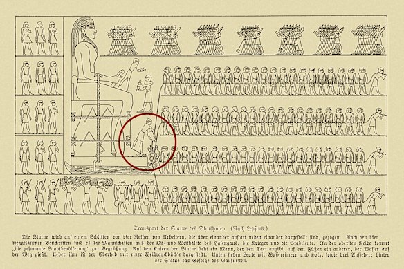 The man in the red circle is dribbling water on to sand to help move a giant statue during the building of the tomb of Djehutihotep in 1900BC.  