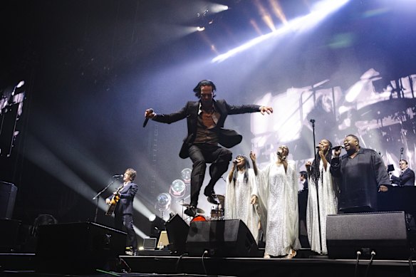 Nick Cave and the Bad Seeds performing in London in an earlier show on this tour.
