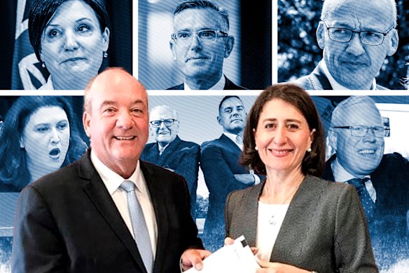 A wild ride: Former premier Gladys Berejiklian and her ex-partner Daryl Maguire, centre. Clockwise from top left, short-lived Labor leader Jodi McKay, former premier Dominic Perrottet, ex-Labor leader Luke Foley, jailed former Liberal MP Gareth Ward, Fred Nile with Alex Greenwich, and 90-minute upper house president Natasha Maclaren-Jones. 