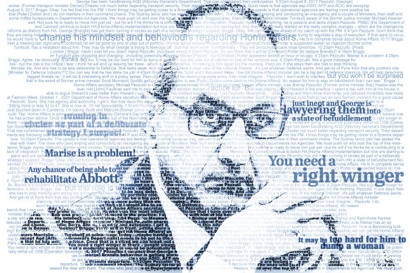 Home Affairs secretary Michael Pezzullo with a selection of words from text messages he sent to a Liberal powerbroker over five years in a push to reshape governments. 