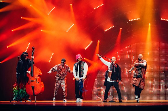 Ukraine’s Kalush Orchestra perform at the Eurovision Song Contest final in Turin, Italy.