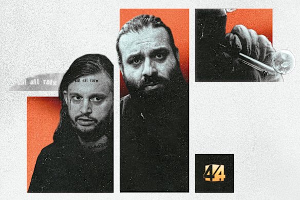 Artist Benjamin Aitken (left) was suspected by ABC staff of appearing as a meth cook (right) in a broadcast fronted by Mahmood Fazal (centre).