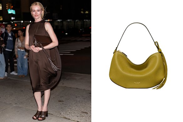 Above: Sarah Pidgeon and her Michael Kors bag; right: Kate Spade “Loop fringe strap” shoulder bag.