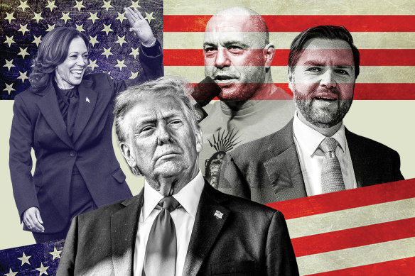 The year in US politics - Kamala Harris, Donald Trump, Joe Rogan and J.D. Vance.