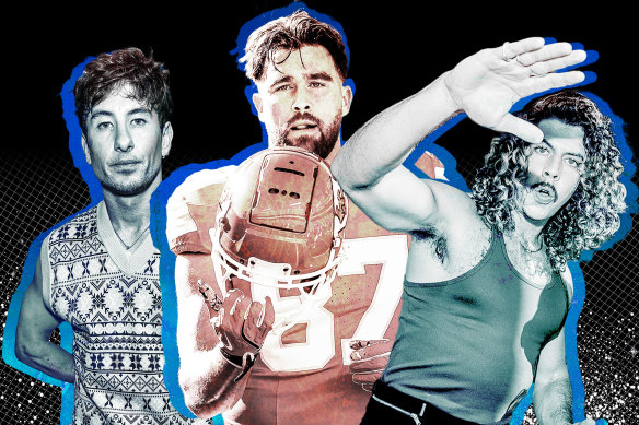 2024 was the year of the “trophy boyfriend” thanks to (from left) Barry Keoghan, Travis Kelce and Adam Hyde.