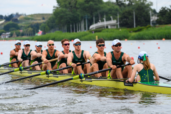 The current Australian men’s eight racing at the World Cup III regatta in Poznan.