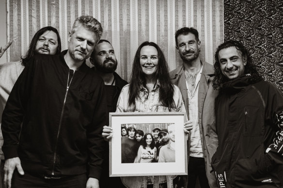Pianist Ollie McGill, drummer Will Hull-Brown, Harry Angus, manager Correne Wilkie, frontman Felix Riebl and DJ Jumps pre-show at Bluesfest. 