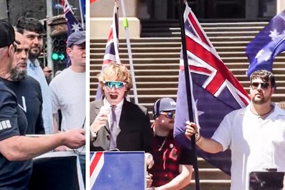 Yassin Albarri and ‘Sir Doug’ pictured as organisers at March for Australia rallies in Melbourne, often mixing with known neo-Nazis.