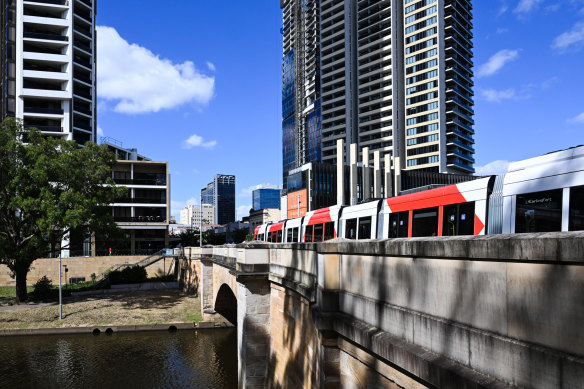 The light rail winds through the Parramatta CBD.