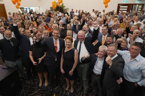 Pauline Hanson, flanked by former Coalition members Cory Bernardi and Barnaby Joyce, at the launch of One Nation’s South Australian campaign. 