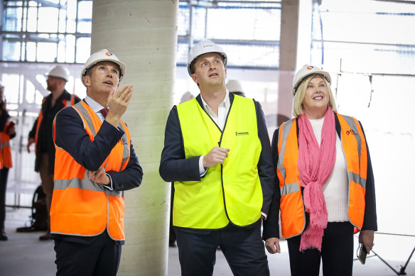 Rob Stokes on site at the Fresh Hope Communities’ Nightingale affordable housing project in Marrickville. Also pictured is Daniel Dwyer, CEO of Fresh Hope Communities and Rose Thomson, CEO of Faith Housing Alliance.