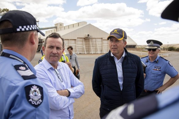 Premier Mark McGowan and Emergency Services Minister Reece Whitby touring cyclone-devastated Kalbarri on Tuesday.