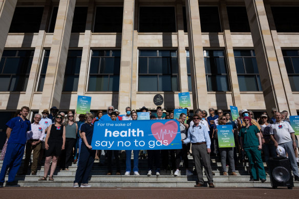 Health workers rally outside Parliament House.