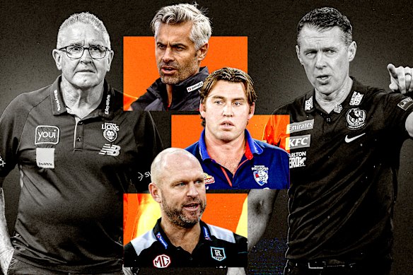 Coaches Chris Fagan (left) and Craig McRae (right) with assistants Daniel Giansiracusa, Daniel Pratt and Chad Cornes.