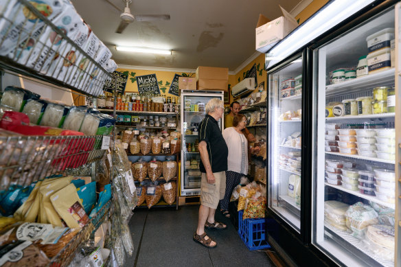 The shop sells a mix of locally farmed products, imports from Greece, and items made on the premises, such as their top-selling peanut butter.