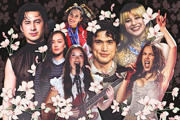 Some celebrity ‘Wasians’ of the moment, from left: Hudson Williams, Lola Tung, Eileen Gu, Laufey, Charles Melton, Alysa Liu and Olivia Rodrigo.  