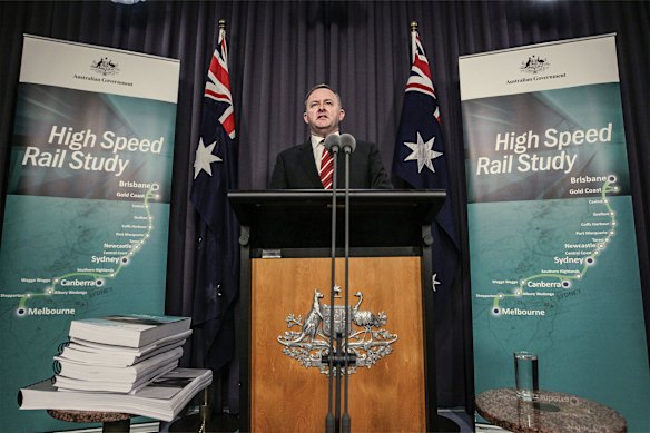 Then-transport minister Anthony Albanese releasing the final report of the High Speed Rail Study in Canberra in 2013.