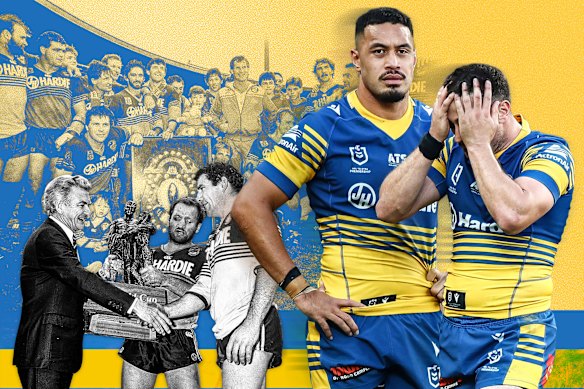 Prime minister Bob Hawke presents Ray Price and Mick Cronin with the premiership trophy in 1986, but are captain Mitchell Moses and the Eels any closer to another title?