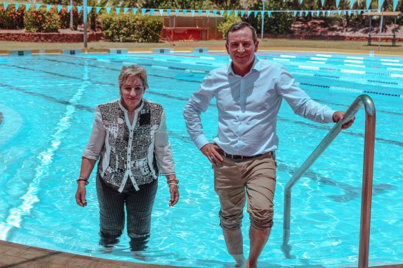 Regional Development Minister Alannah MacTiernan and Premier Mark McGowan cool off at the Kununurra pool.