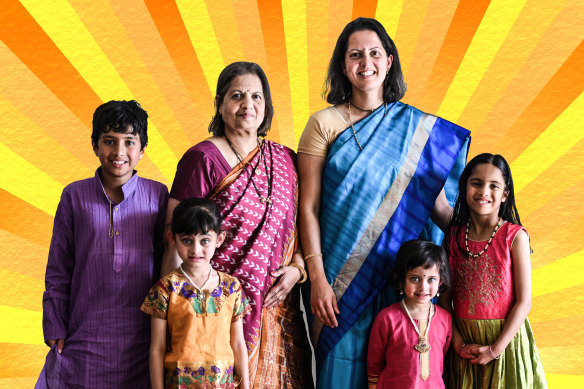 It’s time to celebrate Diwali for Rujuta Limaye (in blue), her mum Shaula Bhide, and, from left, Arnav, 9, Kusoom Date, 5, Kaaveri Date, 3, and Jaanaki, 7.