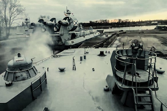In this photo taken from video distributed by the Russian Defence Ministry Press Service in May, two hovercrafts of the Russian navy perform exercises by the Baltic Sea in Russia. 
