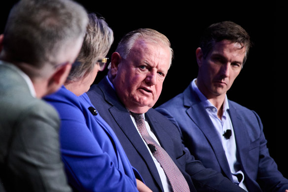 Australia can only hope to build 600,000-650,000 homes over the next five years: developer Nigel Satterley with (from left) the Financial Review’s Michael Bleby, Master Builders Australia’s Denita Wawn and Cedar Woods’ Nathan Blackburne.