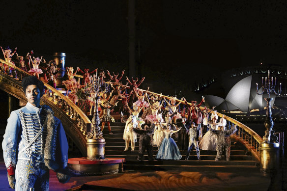 The cast of Opera Australia’s Phantom of the Opera when it was on an outdoor stage on Sydney Harbour.