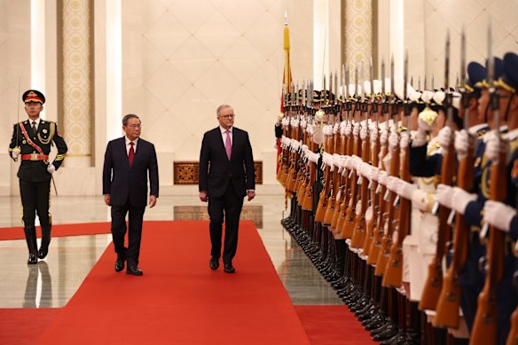Anthony Albanese and Chinese Premier Li Qiang during a ceremony at the Great Hall of the People in Beijing last year.