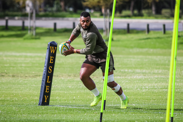 Samu Kerevi training with the Wallabies in Perth.
