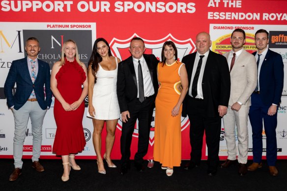 Moonee Valley councillors Cam Nation (far left), Samantha Byrne (second from left), Narelle Sharpe (fourth from right) and Jacob Bettio (second from right) at an Essendon Royals event in June 2022, with other councillors and guests from Moonee Valley and Merri-bek councils.