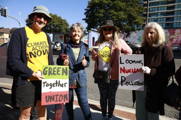 Anti-nuclear protesters outside the LNP’s headquarters on Monday.