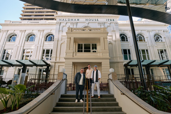 Paul Piticco, Denis Sheahan and Andrew Baturo outside Naldham House.