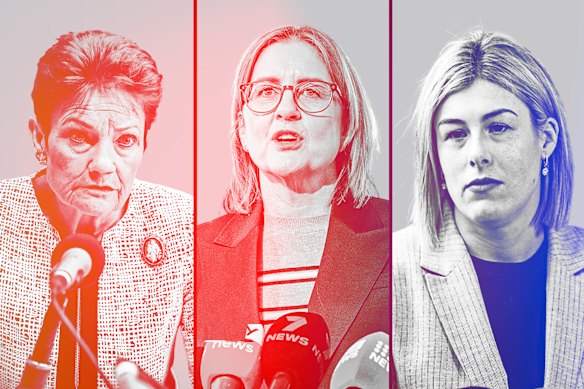 Pauline Hanson, Jacinta Allan and Jess Wilson. Their parties are neck and neck in Victoria, according to the latest Resolve polling.
