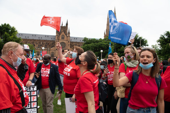 Teachers chant during a strike in December.