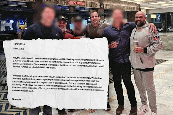 CTG Aboriginal Health Services chief executive Phil Naden (far right), executive officer Beau Ewers (third from right) and chairman Brendon Harris (second from left) at the Dawg House sports Bar in Las Vegas, and a staff letter of no confidence in the trio.