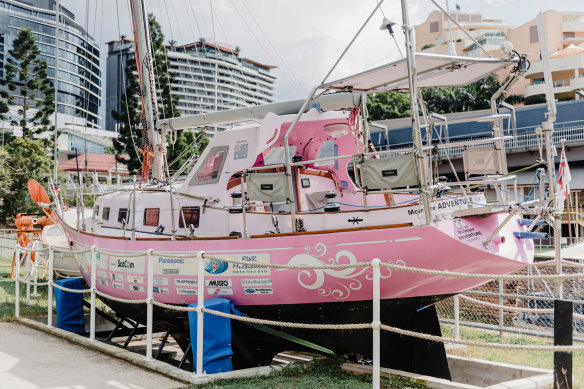 Ella’s Pink Lady - Jessica Watson’s boat from her solo round the world journey - at the Queensland Maritime Museum.