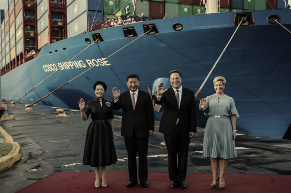China’s President Xi Jinping with his wife, Peng Liyuan, and Panama’s then president, Juan Carlos Varela, and his wife, Lorena Castillo, at the Cocoli Locks in the Panama Canal in 2018.