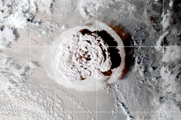 A satellite image of the volcanic eruption.