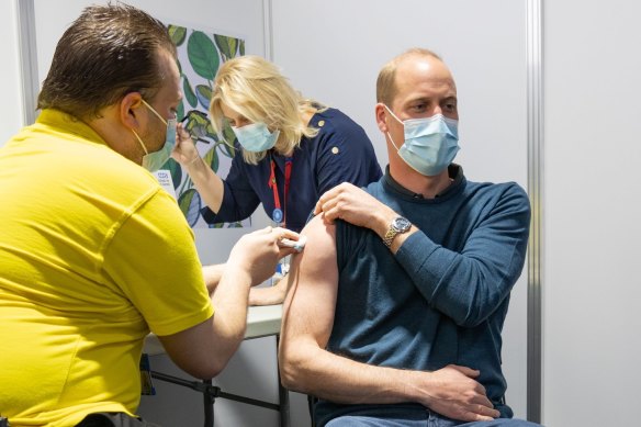 Prince William receiving his first dose of a coronavirus vaccine at London’s Science Museum in May 2021.